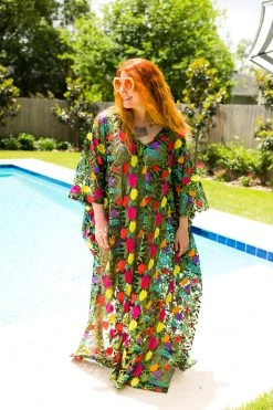 Fringe Co Black Floral Embroidered Long Caftan