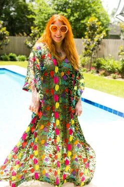 Fringe Co Black Floral Embroidered Long Caftan