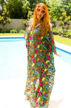 Fringe Co Black Floral Embroidered Long Caftan