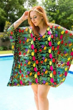 Fringe Co Shop Spring Sparkles Black Floral Embroidered Short Caftan