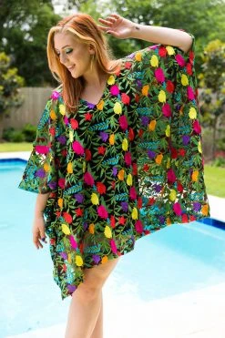 Fringe Co Shop Spring Sparkles Black Floral Embroidered Short Caftan