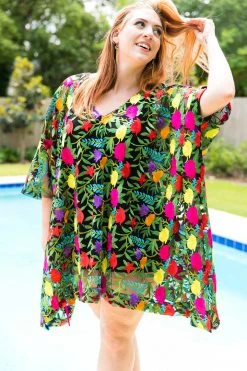 Fringe Co Shop Spring Sparkles Black Floral Embroidered Short Caftan