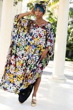 Fringe Co Caftan Club Collection Black Floral Embroidered Sequin Long Caftan