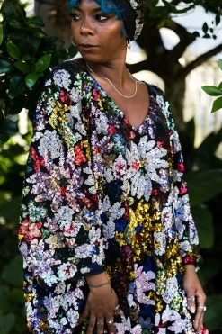 Fringe Co Caftan Club Collection Black Floral Embroidered Sequin Long Caftan