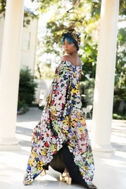 Fringe Co Caftan Club Collection Black Floral Embroidered Sequin Long Caftan