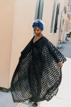 Fringe Co Black Polka Dot Sheer Long Caftan Caftan Club Collection