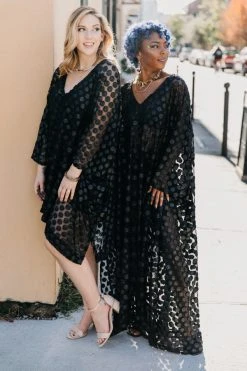 Fringe Co Black Polka Dot Sheer Long Caftan Caftan Club Collection
