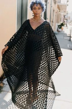 Fringe Co Black Polka Dot Sheer Long Caftan Caftan Club Collection
