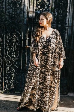 Fringe Co Black Sequin Embroidered On Nude Long Caftan