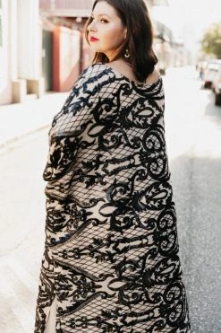 Fringe Co Black Sequin Embroidered On Nude Long Caftan