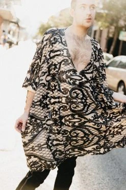 Fringe Co Black Sequin Embroidered On Nude Short Caftan Caftan Club Collection