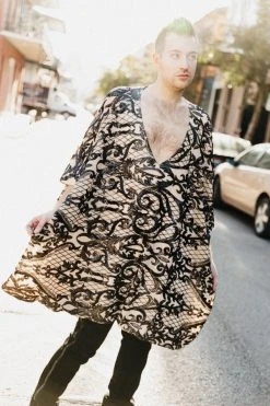 Fringe Co Black Sequin Embroidered On Nude Short Caftan Caftan Club Collection