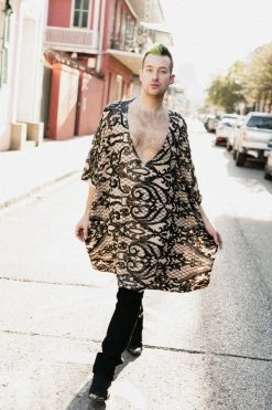 Fringe Co Black Sequin Embroidered On Nude Short Caftan Caftan Club Collection