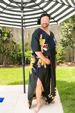 Fringe Co Black Floral Satin Long Caftan Caftan Club Collection