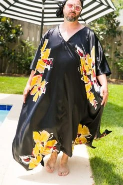 Fringe Co Black Floral Satin Long Caftan Caftan Club Collection