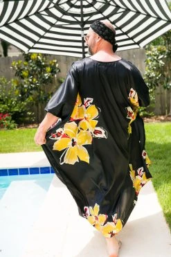 Fringe Co Black Floral Satin Long Caftan Caftan Club Collection