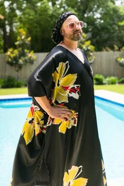 Fringe Co Black Floral Satin Long Caftan Caftan Club Collection