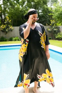 Fringe Co Black Floral Satin Long Caftan Caftan Club Collection