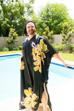 Fringe Co Black Floral Satin Long Caftan Caftan Club Collection