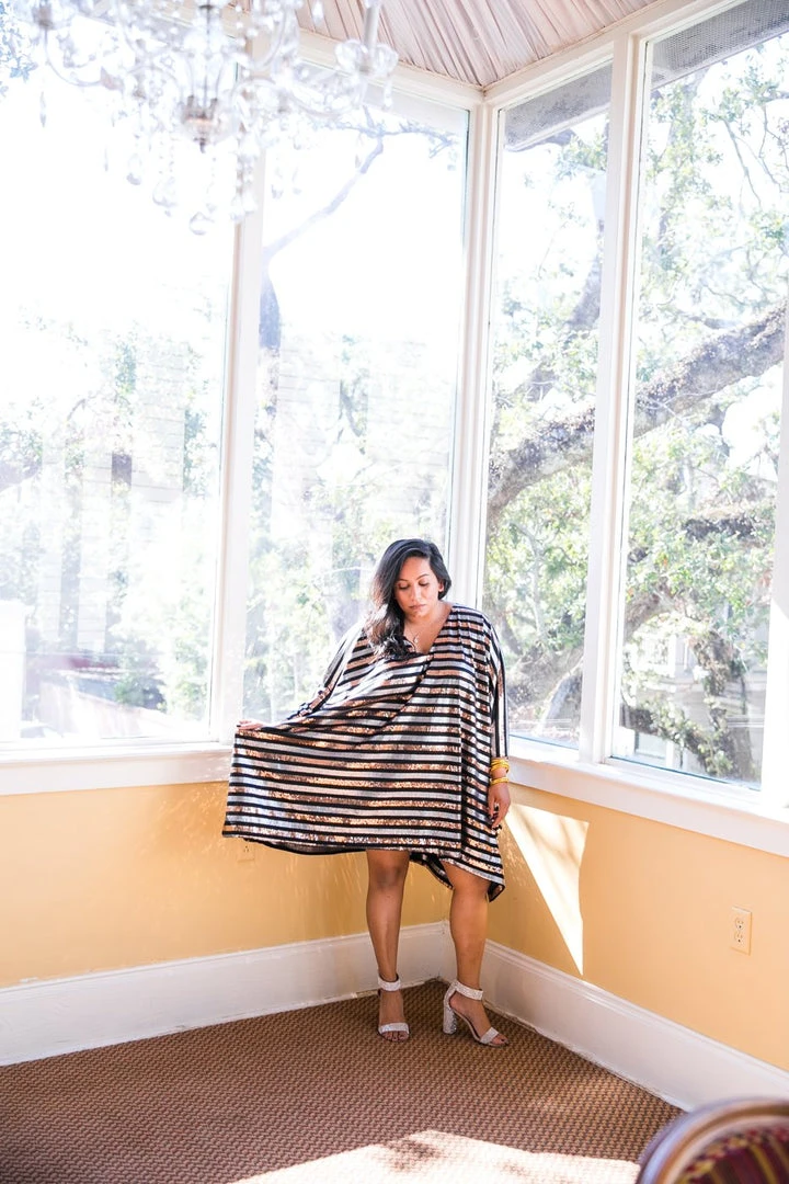 Fringe Co Caftan Club Collection Black, Silver And Gold Sequin Stripe Short Caftan 3 Fringe Co Caftan Club Collection Black, Silver And Gold Sequin Stripe Short Caftan