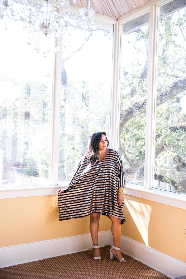 Fringe Co Caftan Club Collection Black, Silver And Gold Sequin Stripe Short Caftan 5 Fringe Co Caftan Club Collection Black, Silver And Gold Sequin Stripe Short Caftan