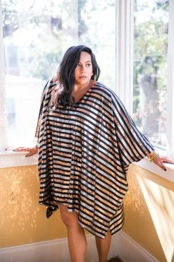 Fringe Co Caftan Club Collection Black, Silver And Gold Sequin Stripe Short Caftan
