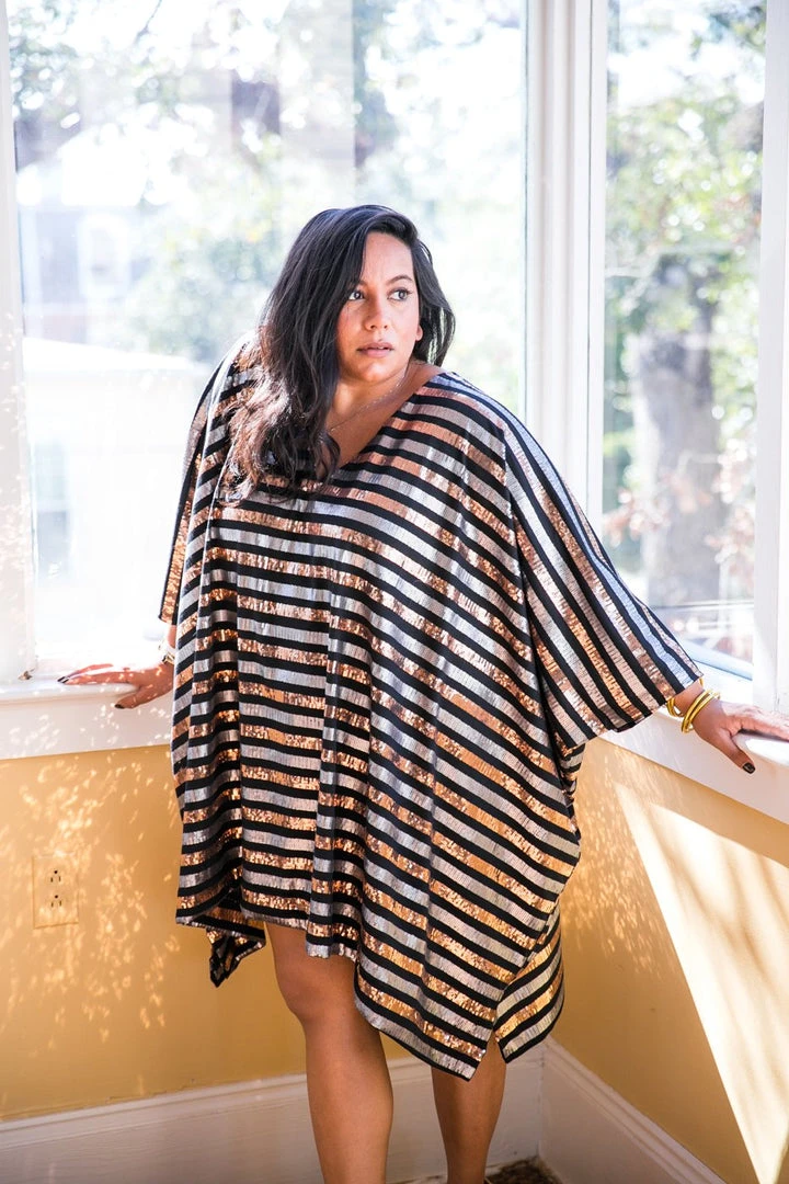 Fringe Co Caftan Club Collection Black, Silver And Gold Sequin Stripe Short Caftan 1 Fringe Co Caftan Club Collection Black, Silver And Gold Sequin Stripe Short Caftan