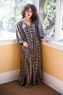 Fringe Co Caftan Club Collection Black, Silver And Gold Sequin Striped Long Caftan
