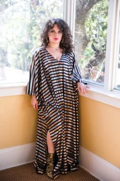 Fringe Co Caftan Club Collection Black, Silver And Gold Sequin Striped Long Caftan