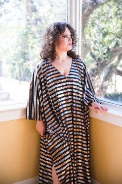 Fringe Co Caftan Club Collection Black, Silver And Gold Sequin Striped Long Caftan