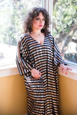 Fringe Co Caftan Club Collection Black, Silver And Gold Sequin Striped Long Caftan