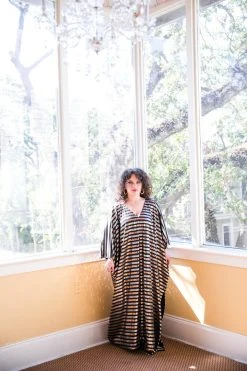 Fringe Co Caftan Club Collection Black, Silver And Gold Sequin Striped Long Caftan