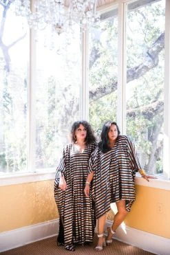 Fringe Co Caftan Club Collection Black, Silver And Gold Sequin Striped Long Caftan