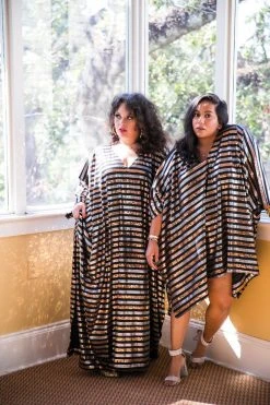 Fringe Co Caftan Club Collection Black, Silver And Gold Sequin Striped Long Caftan