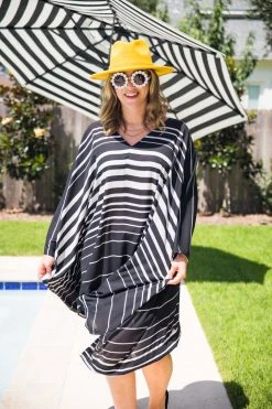 Fringe Co Caftan Club Collection Black And White Stripe Chiffon Short Caftan