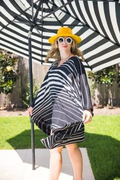 Fringe Co Caftan Club Collection Black And White Stripe Chiffon Short Caftan