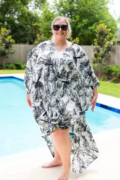 Fringe Co Black And White Floral Chiffon Long Caftan Caftan Club Collection