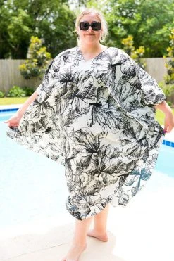 Fringe Co Black And White Floral Chiffon Long Caftan Caftan Club Collection
