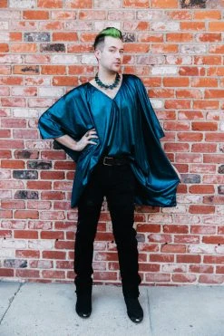 Fringe Co Caftan Club Collection Blue Metallic Lame Short Caftan