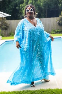 Fringe Co Caftan Club Collection Blue Paillette Sequin Long Caftan 25 Fringe Co Caftan Club Collection Blue Paillette Sequin Long Caftan