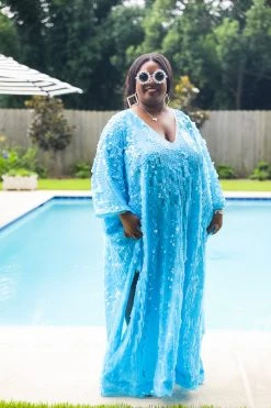 Fringe Co Caftan Club Collection Blue Paillette Sequin Long Caftan