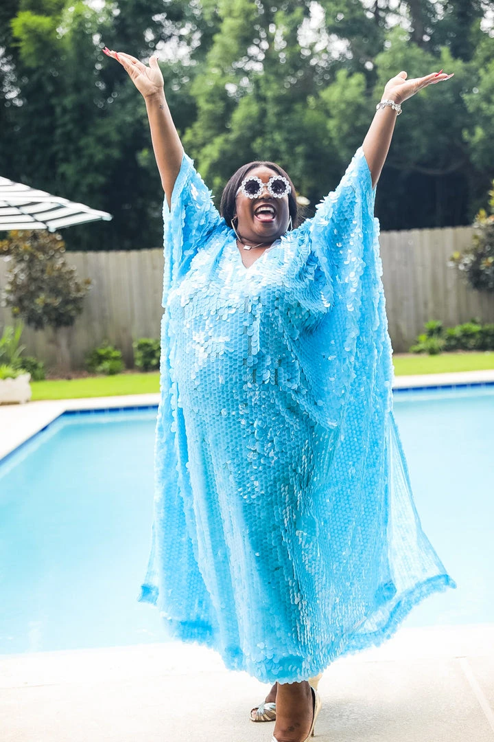 Fringe Co Caftan Club Collection Blue Paillette Sequin Long Caftan 14 Fringe Co Caftan Club Collection Blue Paillette Sequin Long Caftan