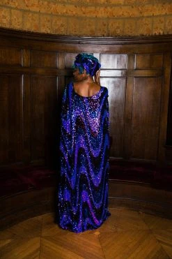 Fringe Co Caftan Club Collection Blue And Purple Sequin Wave Long Caftan