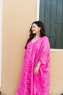 Fringe Co Bright Pink Sequin Embroidered Long Caftan Caftan Club Collection
