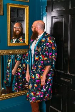 Fringe Co Sequin Duster Jackets Bright Floral Sequin And Teal Satin Duster