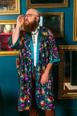 Fringe Co Sequin Duster Jackets Bright Floral Sequin And Teal Satin Duster