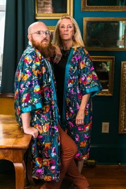 Fringe Co Sequin Duster Jackets Bright Floral Sequin And Teal Satin Duster