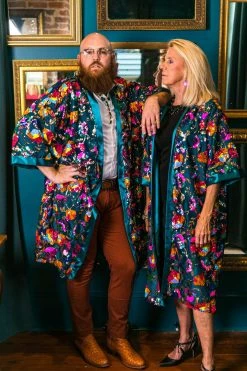 Fringe Co Sequin Duster Jackets Bright Floral Sequin And Teal Satin Duster