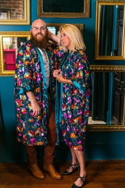 Fringe Co Sequin Duster Jackets Bright Floral Sequin And Teal Satin Duster