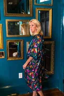 Fringe Co Sequin Duster Jackets Bright Floral Sequin And Teal Satin Duster